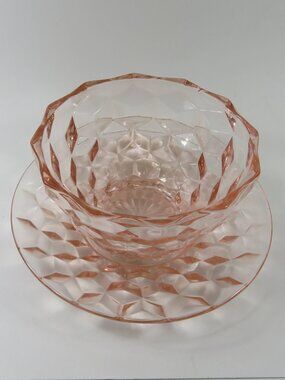 Vintage Pink Diamond Depression Glass 4" Bowl & 6" Saucer Set Jeanette Windsor